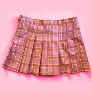 Pink and Orange Plaid Pleated Mini Skirt with Built-In Shorts